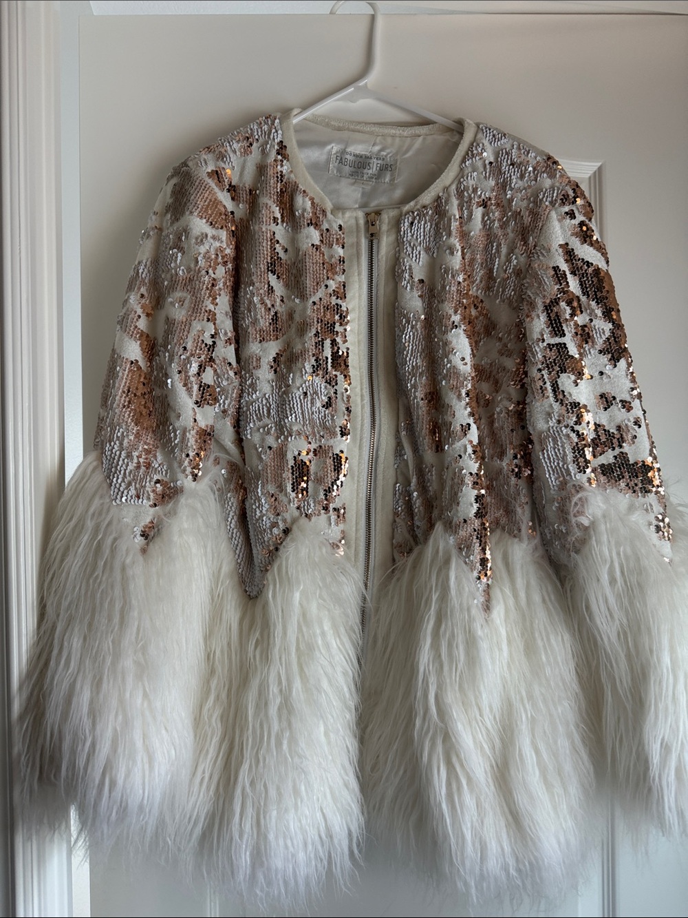 Fabulous Furs White Jacket with Rose Gold Sequins & Faux Fur Trim
